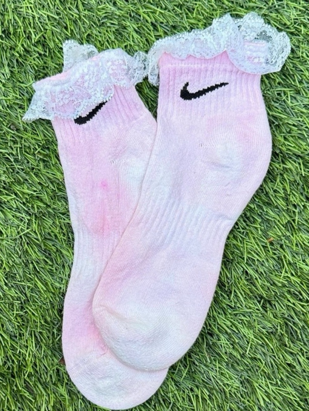 Nike White and Soft Pink tie-dye socks with White Lace